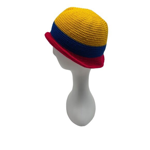 Crochet Bucket Hat Yellow Blue Red Striped Handmade Unisex - Picture 5 of 7